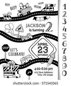 Vector Birthday invitation template for boy. Hand-drawn doodles cars and traffic signs, balloons and blowouts, garland and sweets, gift and firework. Colouring book template.