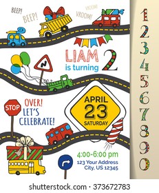 Vector Birthday Invitation Template For Boy. Hand-drawn Doodles Cars And Traffic Signs, Balloons And Blowouts, Garland And Sweets, Gift And Firework. You Can Use Numbers For Your Invitation Design.