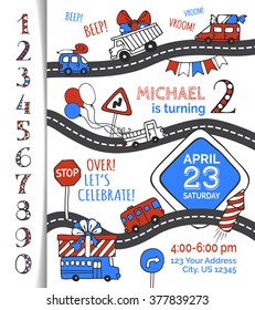 Vector Birthday invitation template for boy. Hand-drawn doodles cars and traffic signs, balloons and blowouts, garland and sweets, gift and firework. You can use numbers for your invitation design.