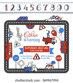 Vector Birthday invitation template. Hand-drawn doodles cars and traffic signs. Vehicles carry balloons, blowouts and candies. You can use numbers for your invitation design.