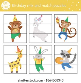 Vector Birthday mix and match puzzle with traditional holiday characters. Winter cut out matching activity for preschool children. Educational festive party printable game for kids
