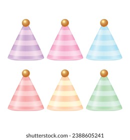 Vector birthday party caps 3d vector illustration. colorful hats for surprise birthday party set.