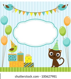 Vector birthday party card with cute birds and cat