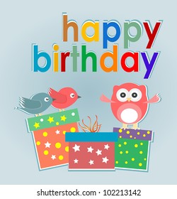 Vector birthday party card with cute owl, birds and gift boxes - happy birthday