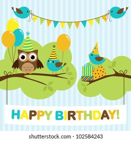 Vector birthday party card with cute birds and owl on trees