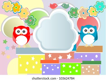 Vector birthday party card with cute owl and birds