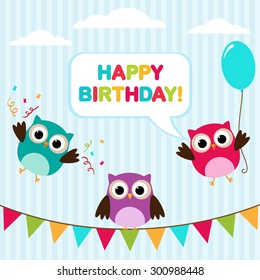 Vector birthday party card with cute owls, balloon and bunting. 