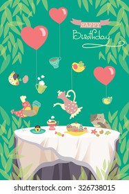 Vector birthday party card, cute birds and table with festive meal