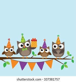 Vector birthday party card with cute family of owls on tree