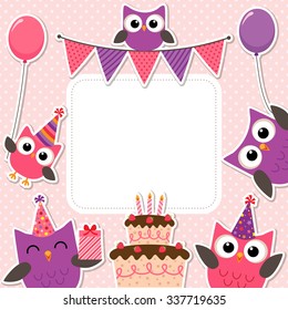 Vector birthday party card with cute owls in pink for girls