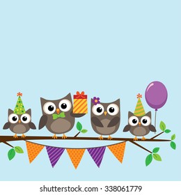 Vector birthday party card with cute owls on tree