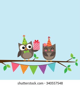 Vector birthday party card with cute couple of owls