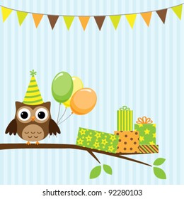 Vector birthday party card with cute owl