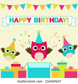 Vector birthday party card with funny birds