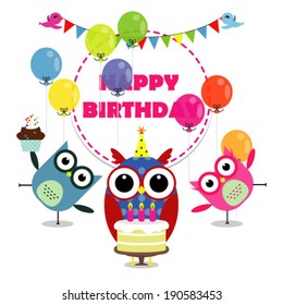 Vector birthday party card with funny birds
