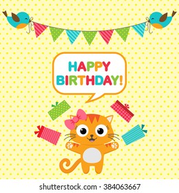 Vector birthday party card with funny birds and cat