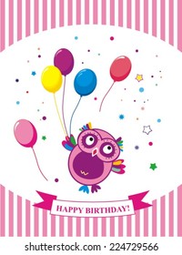 vector birthday party card with owl