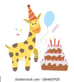 Vector Birthday party composition with cute giraffe, cake, candles, balloon. Holiday background design for banners, posters, invitations. Festive card template with funny African animal
