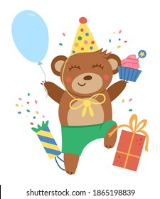 Vector Birthday party composition with cute jumping bear, balloon, present. Holiday background design for banners, posters, invitations. Festive card template with funny animal
