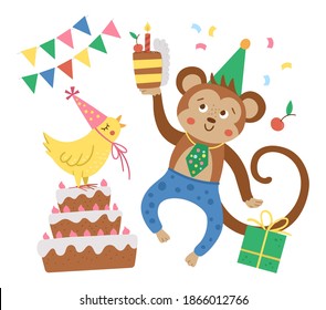 Vector Birthday party composition with cute dancing monkey, cake, bird, present. Holiday background design for banners, posters, invitations. Festive card template with funny animals
