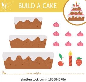 Vector Birthday party cut and glue activity. Holiday educational crafting game with cute dessert, candles and decorations. Fun activity for kids. Candy bar illustration. Build birthday cake
