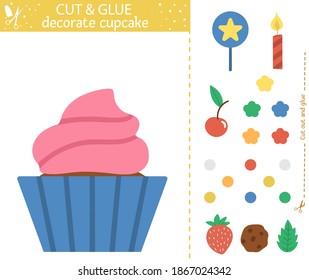 Vektor Geburtstag Party Schneiden und Kleber Aktivität. Ferien pädagogisches Kunstspiel mit süßem Dessert und Dekoration. Spaß für Kinder. Bonbonillustration. Cupcake dekorieren
