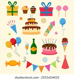 Vector birthday party decoration elements set