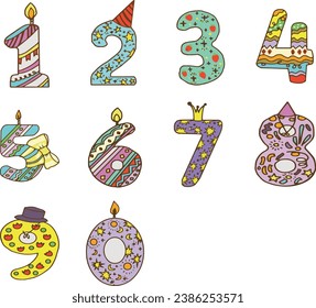 Geburtstagsgeschenk-Dodles, handgezeichnet, Geburtstagsjahre, Kerzen zum Geburtstag, lustige Zahlen, Feriendekorationen, Jahrestage