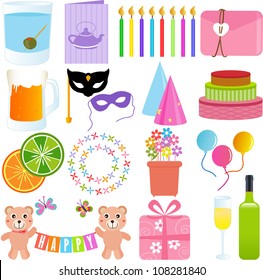 Vector of birthday Party Elements with candle, invitation card, party hat, present, Masquerade eyes mask. A set of cute and sweet icon collection in pastel colors isolated on white background