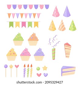 Vector birthday party elements cupcake, hats, flags