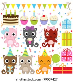 Vector Birthday Party Elements With Cute Cat.