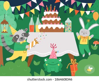 Vector Birthday party forest background with cute animals and table with cake. Funny holiday scene with candy bar, rabbit, raccoon, frog. Night woodland festive scenery illustration.
