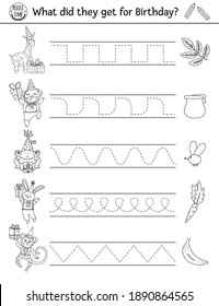 Vector Birthday party handwriting practice worksheet. Holiday printable black and white activity for pre-school children. Educational tracing game for writing skills with b-day presents
