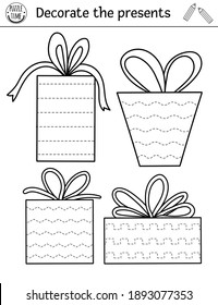 Vector Birthday party handwriting practice worksheet. Holiday printable black and white activity for pre-school children. Educational tracing game for writing skills. Decorate the presents 
