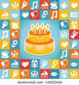 Vector birthday and party icons and signs - collection in retro flat style
