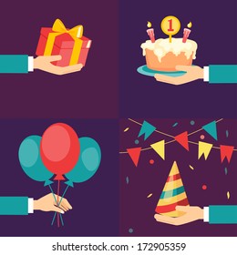 Vector birthday and party icons and signs - collection flat style