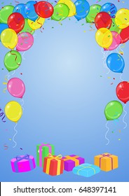 Vector birthday or party invitation card with balloons, streamers, confetti and presents on blue background with space for your text 