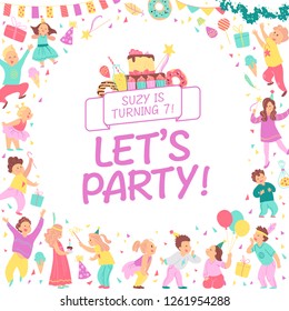 Vector birthday party invitation design template with bd cake, garlands, candy, gifts, confetti, text congratulation & happy kid characters. Flat cartoon style. Party poster, card, banner illustration