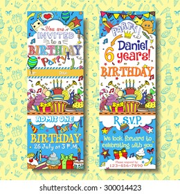 Vector birthday party invitation pass ticket design. Face and back sides with doodles background