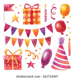 Vector birthday party set with red and yellow watercolor balloons, gift boxes, flags garland and stars 