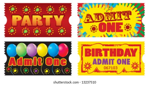 Vector birthday party tickets. Each ticket measures 2x1 inches.