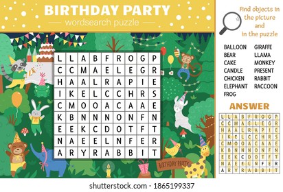 Vector Birthday party wordsearch puzzle for kids. Simple crossword with holiday scene in forest and hiding animals for children. Educational keyword activity with cute funny characters