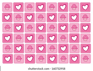 Vector birthday pink cupcake and heart background pattern