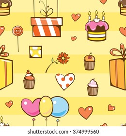 Vector birthday seamless pattern with cakes, gifts  and flags.
