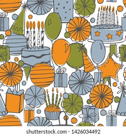 Vector birthday   seamless pattern with  gifts, cake, sweets, balloons.