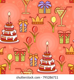 Vector Birthday seamless pattern. Include crown, flower, cocktail, cake, tulip and cute various gifts.