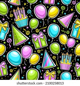 Vector Birthday Seamless Pattern, repeating background of vibrant balloons, vivid birthday cone hats, cupcake with burning candles, isolated illustrations of birthday symbols for dark wrapping paper