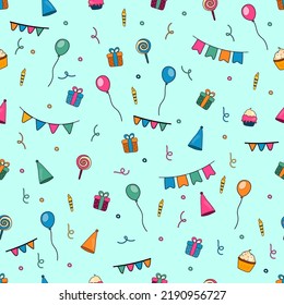 Vector birthday seamless pattern, repeating background of vibrant balloons, vivid birthday cone hats, cupcake with burning candles, cut out illustrations of birthday symbols for white wrapping paper.