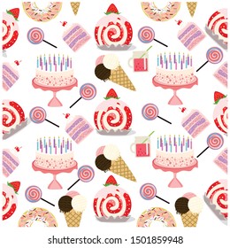 Vector of birthday seamless pattern with sweets - cake, donut, juice, slice of cake, roll cake, ice cream, and candies.