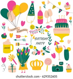 Vector birthday set with balloons, cakes, flowers, cocktails, candies, hearts, arrows, gift box and other birthday attributes in cartoon style